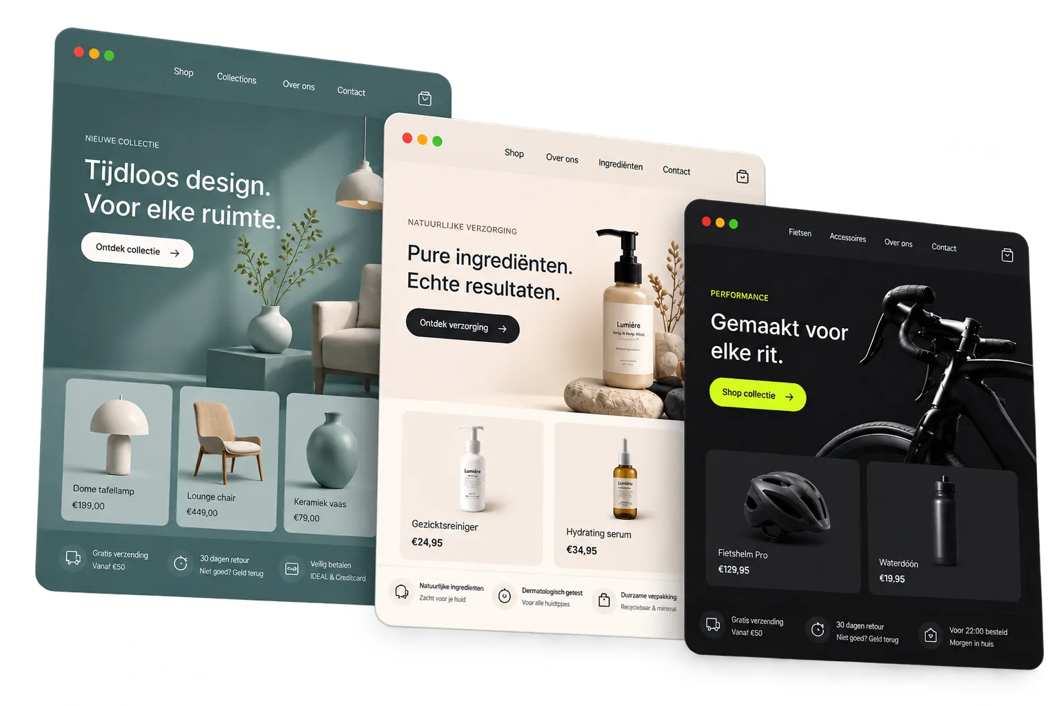 Drie moderne Shopify-webshops voor meubel, verzorging en fietsproducten